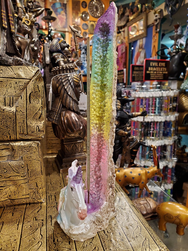 10.2/'/' 26cm Tall Beautiful Unicorn with Sparkly Rainbow Geode Incense Holder Hand-Painted Rainbow Unicorn Incense Burner