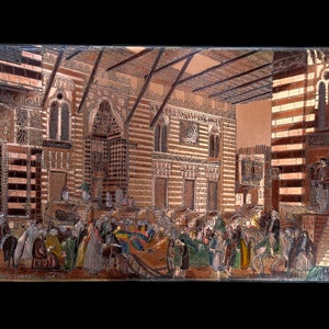 May include: A detailed illustration of a bustling marketplace in a Middle Eastern city. The scene is depicted in a warm, earthy palette, with intricate architectural details and a lively crowd of people going about their daily business.
