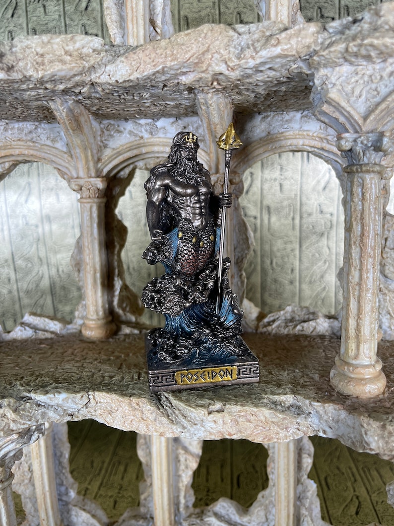 Vintage Poseidon Mini Statue - Small Hand-Painted Ancient Greek God Poseidon - Mini Altar Statue - 3.5''/9cm tall!