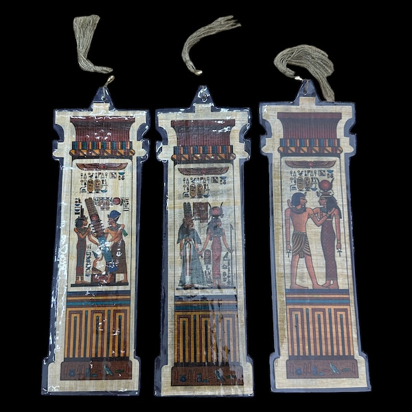 Papyrus Bookmarks - Set of 3 - Egyptian Papyrus Made in Egypt - Deluxe Velevet Backs