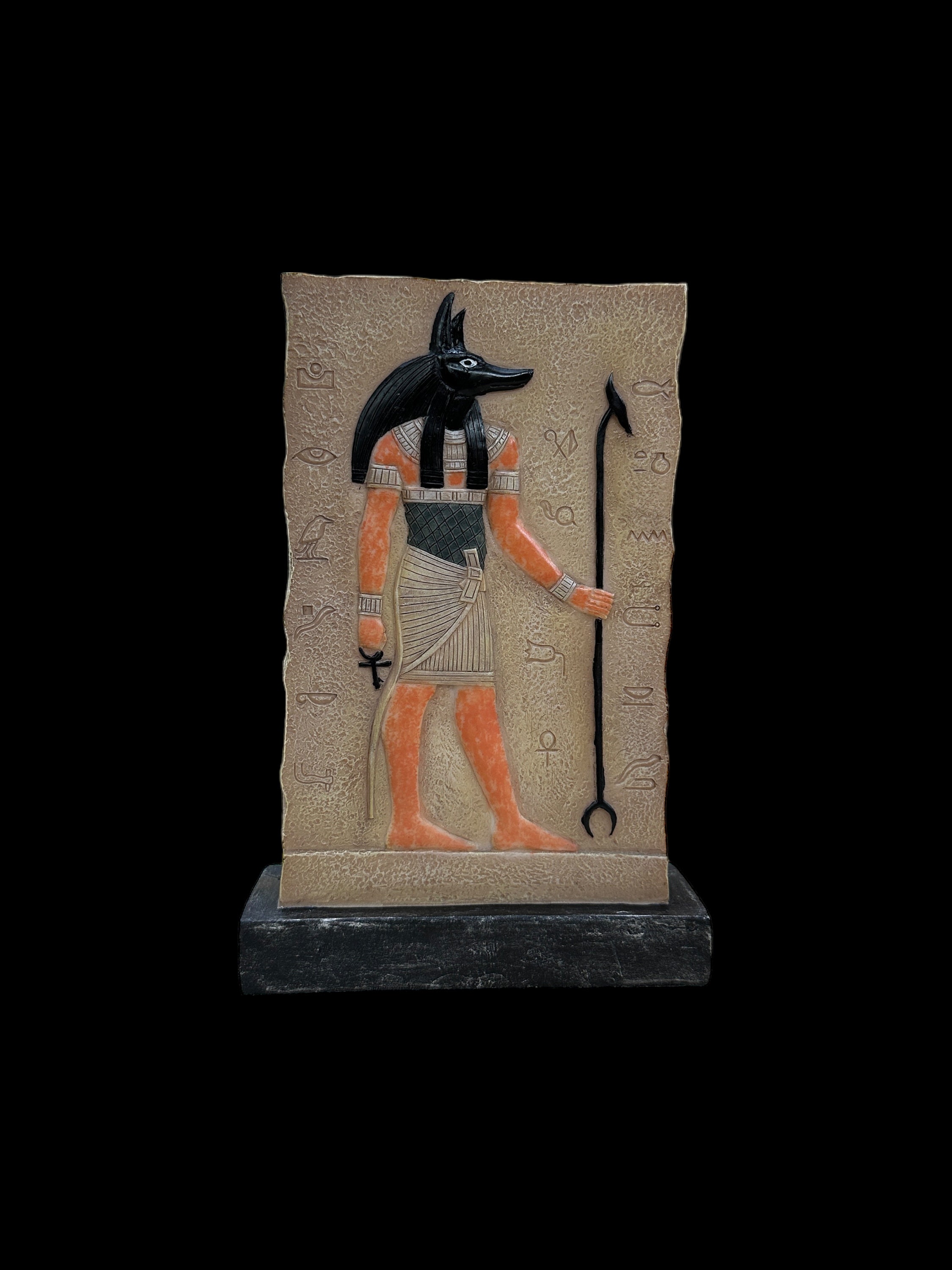 Anubis Temple Plaque - Ancient Egyptian God Anpu - Anubis Holding Was Sceptre