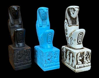 Horus Kneeling Statue - Ancient Egyptian God Heru with Hieroglyphic Base - - Handmade in Egypt