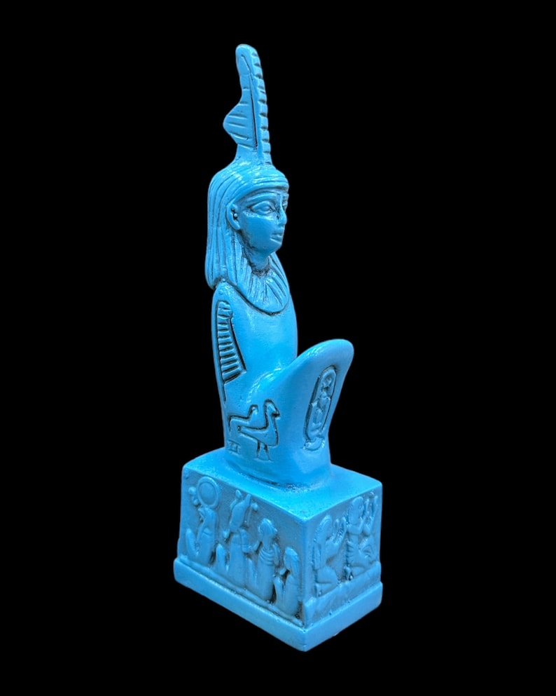 Maat-staty - Handgjord i Egypten - Forntida egyptisk gudinna Ma'at med hieroglyfisk bas - Stenstaty Blå