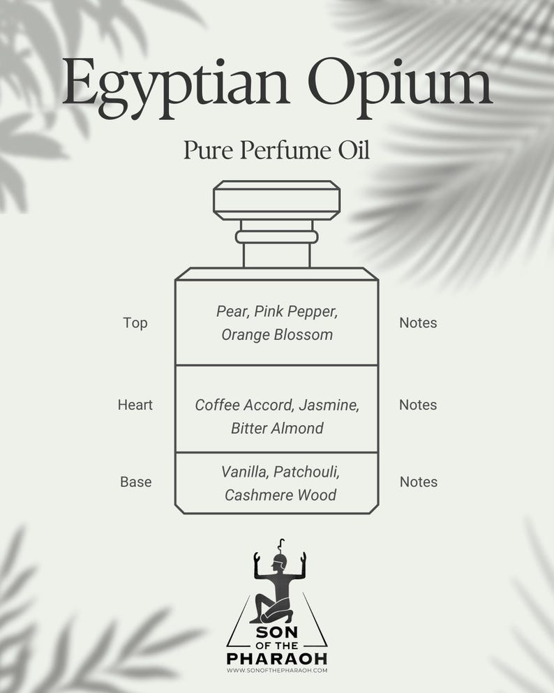 May include: A black and white illustration of a perfume bottle with the text "Egyptian Opium Pure Perfume Oil" above it. The bottle is divided into three sections, labeled "Top", "Heart", and "Base". Each section lists the fragrance notes, including pear, pink pepper, orange blossom, coffee accord, jasmine, bitter almond, vanilla, patchouli, and cashmere wood. The illustration is surrounded by a white background with a shadow of leaves.