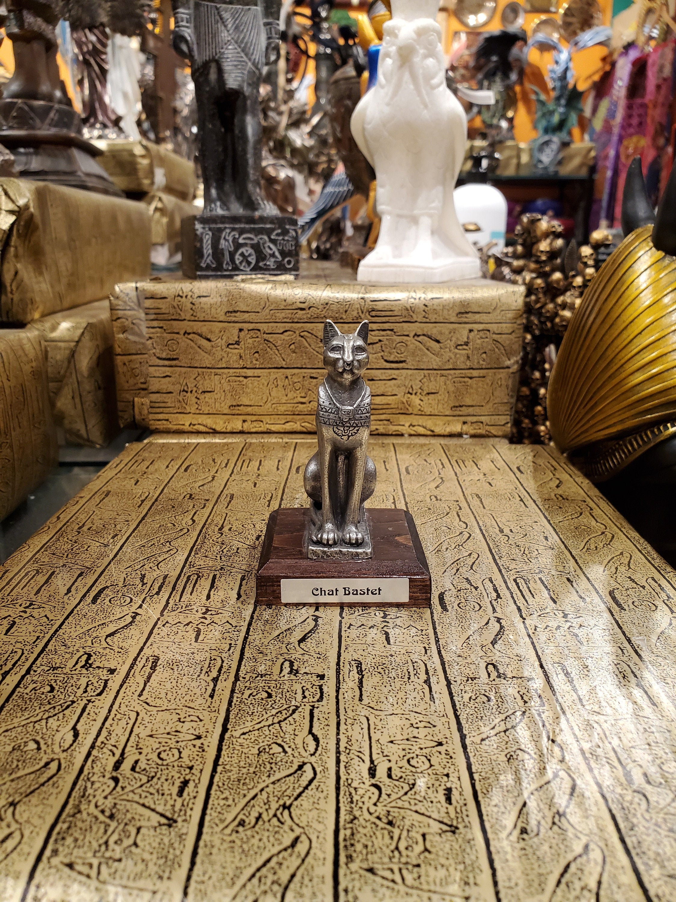 Vintage Pewter Bastet Statue on Wood Base - Solid Pewter Hand-cast