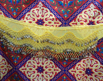 Vintage Egyptian Style Belly Dance Hip Scarf - Yellow Chiffon Coin Belt for Belly Dancing - Perfect for Beginning Belly Dancing!