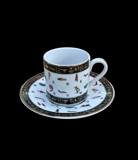 Vintage Fathi Mahmoud Porcelain Cup and Plate With Hieroglyphs