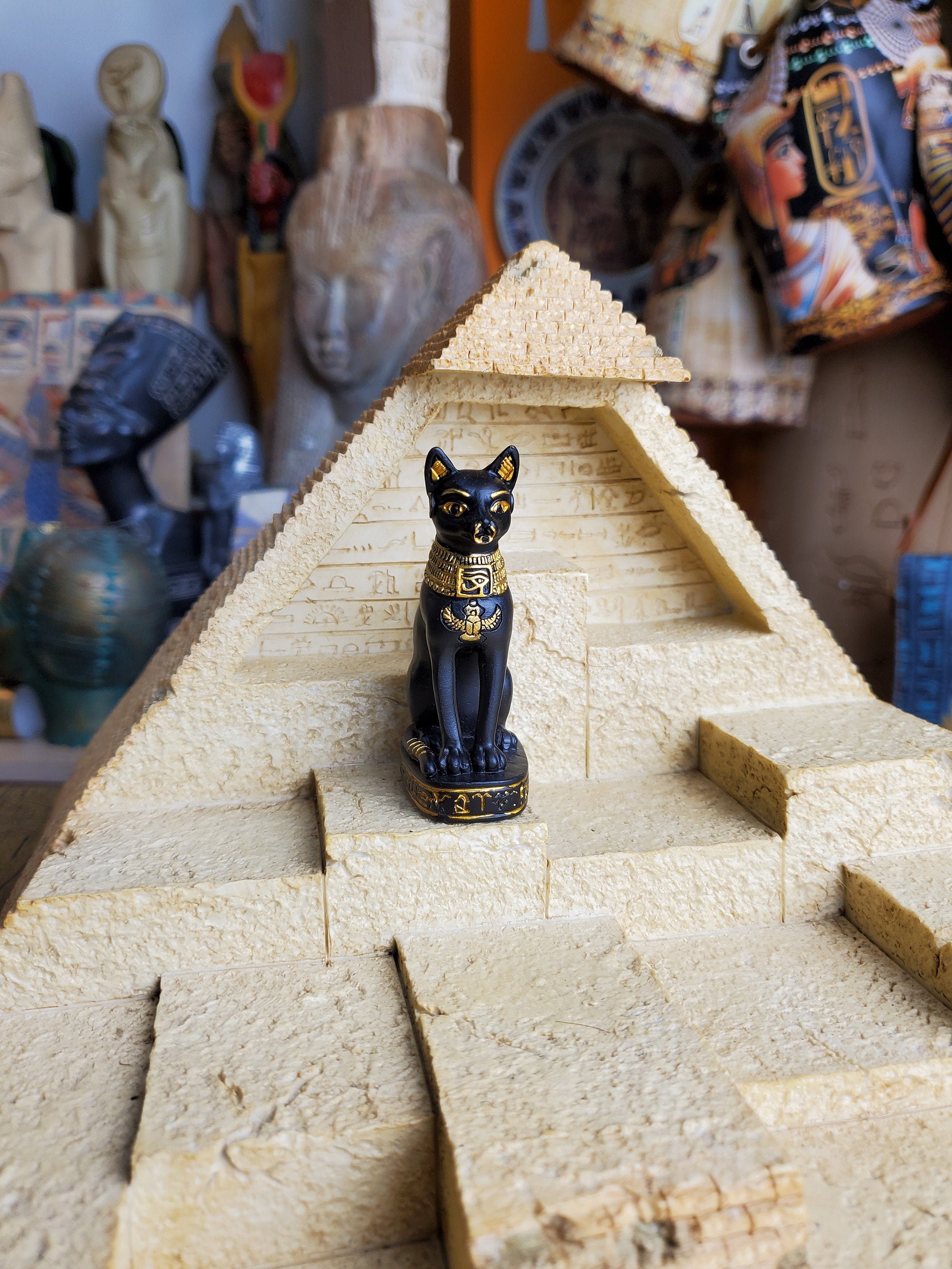 Vintage Bastet Mini Statue - Ancient Egyptian Cat Goddess Figurine Bast with Hieroglyphic Base u0026 Wadjet - Altar Statue