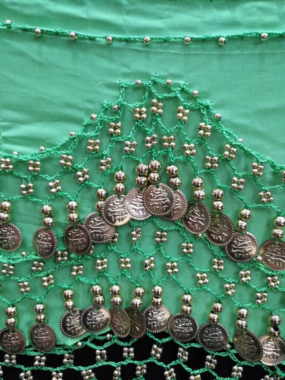 Deluxe Green & Gold Coin Hip Scarf - Tribe Nawaar Renaissance Belly Dance Hip Scarf Green Velvet w Silver Coins ~New~ Firm Price main image 1