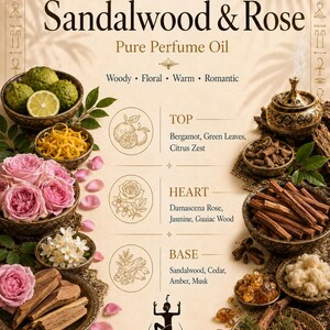 Op de afbeelding: Een productadvertentie voor Sandalwood & Rose Pure Perfume Oil van Son of the Pharaoh. De lay-out bevat tekst met top-, hart- en basisnoten, naast illustraties en schalen met bergamot, rozen, jasmijn en sandelhout.