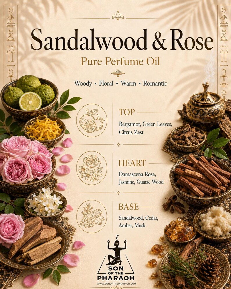 Op de afbeelding: Een productadvertentie voor Sandalwood & Rose Pure Perfume Oil van Son of the Pharaoh. De lay-out bevat tekst met top-, hart- en basisnoten, naast illustraties en schalen met bergamot, rozen, jasmijn en sandelhout.