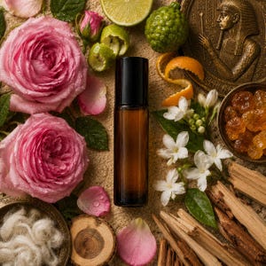 Op de afbeelding: Een cilindrische amberkleurige glazen rollerfles met een zwarte dop, omringd door roze rozenbloesems, witte jasmijnbloemen, citrusschillen, een schijfje limoen, een bergamotvrucht, houtsnippers, harsstukjes in een kom en een bronzen medaillon.
