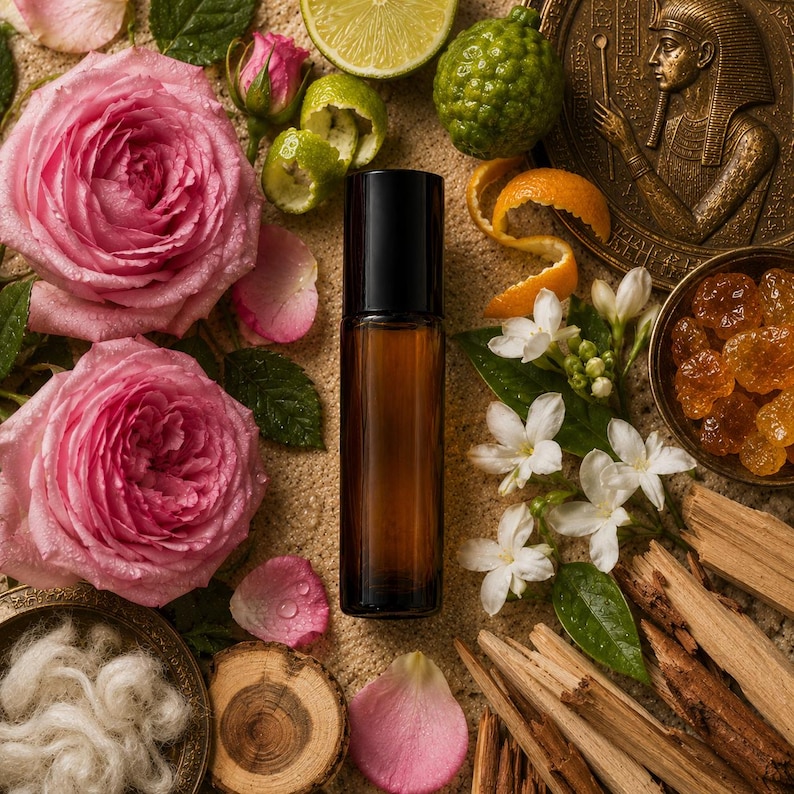Op de afbeelding: Een cilindrische amberkleurige glazen rollerfles met een zwarte dop, omringd door roze rozenbloesems, witte jasmijnbloemen, citrusschillen, een schijfje limoen, een bergamotvrucht, houtsnippers, harsstukjes in een kom en een bronzen medaillon.