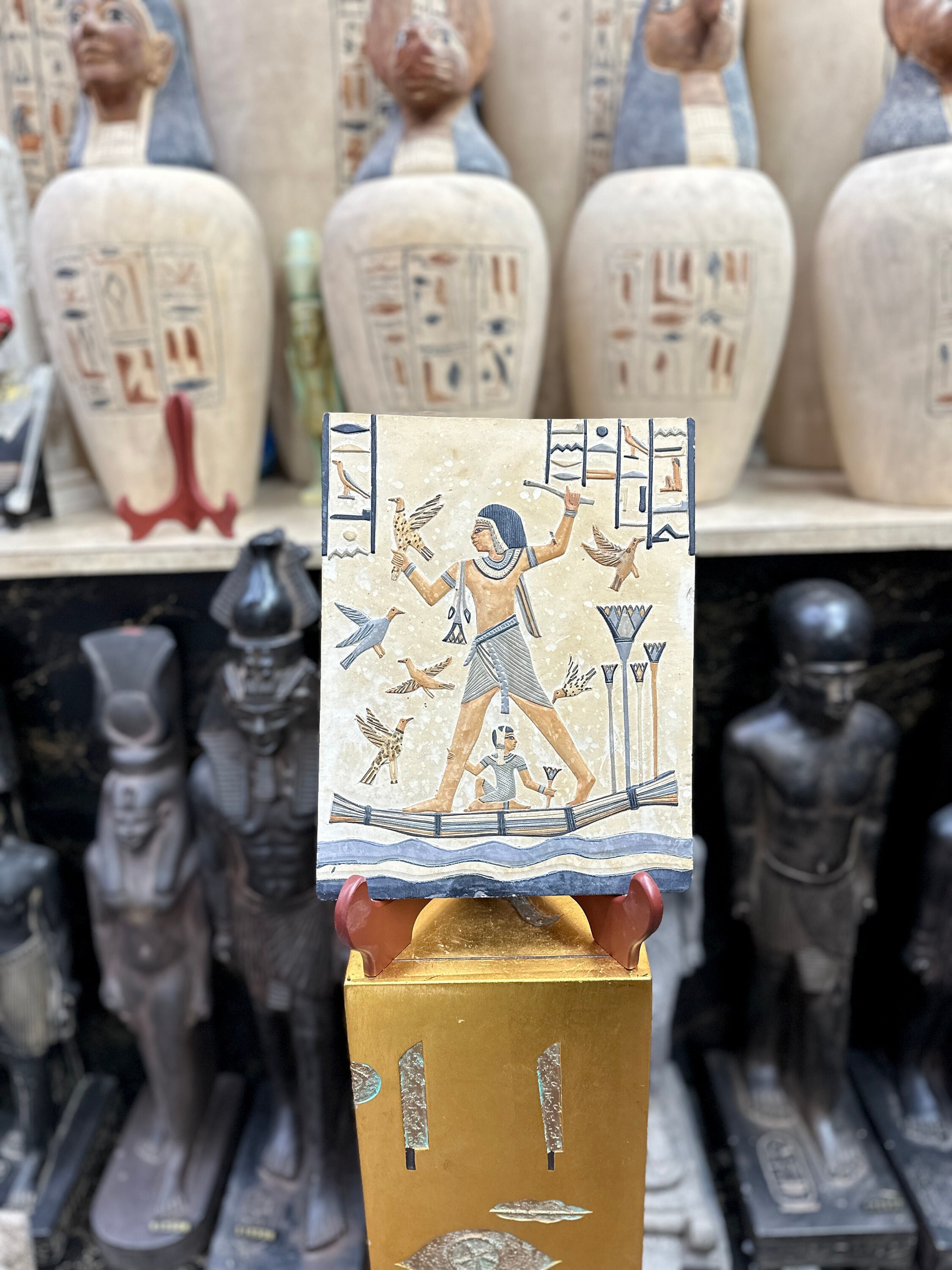 Fishing and Fowling on the Nile Plaque - Ancient Egyptian Sacred Nile - Ancient History - Carved Stone Plaque
