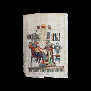 King Tutankamun and Queen Ankhesenamun Throne Room Royal Scene with Sun Disc on Antiqued Papyrus - 100x70cm