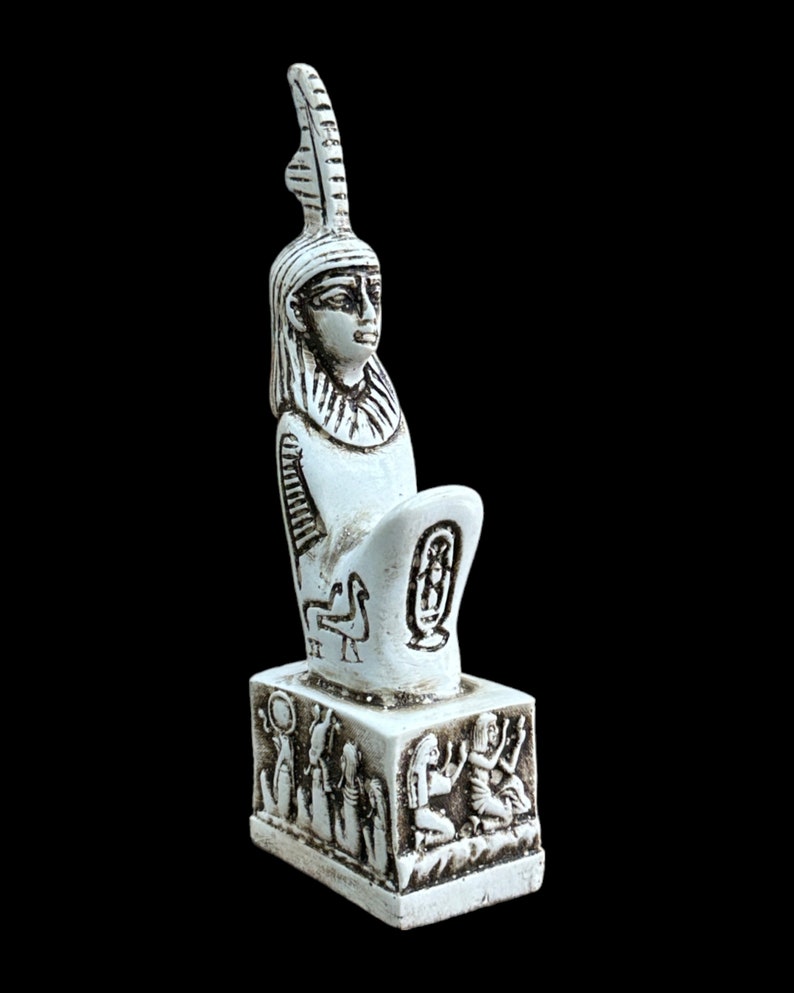 Maat-staty - Handgjord i Egypten - Forntida egyptisk gudinna Ma'at med hieroglyfisk bas - Stenstaty Vit