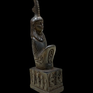 Maat-staty - Handgjord i Egypten - Forntida egyptisk gudinna Ma'at med hieroglyfisk bas - Stenstaty Svart