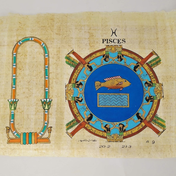 20x30cm - Papiro Piscis del Zodiaco Egipcio Personalizable - ¡Pintamos tu nombre en Jeroglíficos! Astrología egipcia del Templo de Dendera