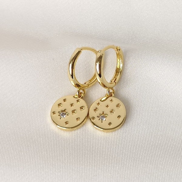 Gold coin earrings, dainty gold disc huggies, cz north star celestial hoop earrings, dangly drop earrings, minimalist jewelry, gift for her