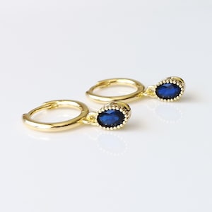 Sapphire blue crystal earrings, cz oval drop huggies, 18k gold plated dainty gold hoops, elegant gift for her, handmade minimalist jewelry