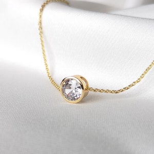 Diamond cz solitaire necklace, zircon crystal floating sliding bead, 18k gold plated, layering dainty choker minimalist elegant gift for her