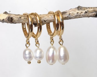 White pearl earrings, June birthstone, natural freshwater pearl drop earrings, dainty gold huggie hoops, minimalist jewelry, gift for her