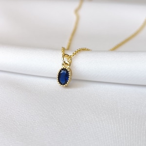 Sapphire blue crystal necklace, cobalt blue cz oval pendant 18k gold plated dainty layering necklace minimalist jewelry elegant gift for her