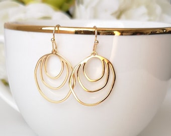 Gold Circle Earrings, Hollow Freeform Asymmetric Earrings, Gold