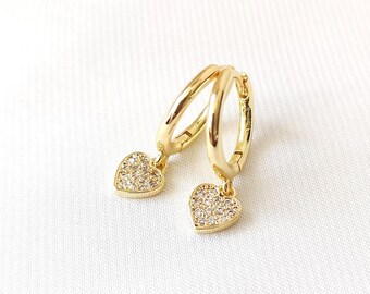 Tiny crystal heart earrings, cz gold heart huggies, dainty gold hoop sleeper earrings, minimalist jewellery, elegant love gift for her