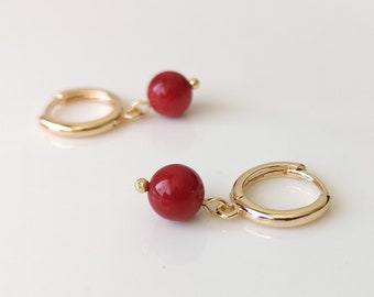 Natural red coral earrings, 18k gold plated huggies, minimalist jewelry, dangle drop earrings, dainty gold earrings, elegant gift for her