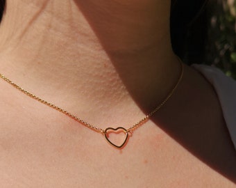 Gold heart necklace, hollow open heart pendant, 18k gold plated layering necklace, minimalist jewelry simple dainty choker love gift for her