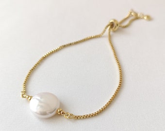 White pearl bracelet, June birthstone, gold slider bracelet, natural freshwater coin pearl layering minimalist bracelet elegant gift for her