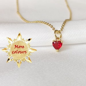Ruby red crystal heart necklace, tiny cz heart layering necklace, dainty gold choker, minimalist jewelry set elegant love gift for her