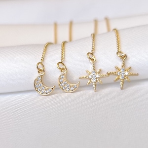 Moon and star threaders, dainty gold earrings, starburst northern star earrings, celestial mismatched pull through earrings, gift for her