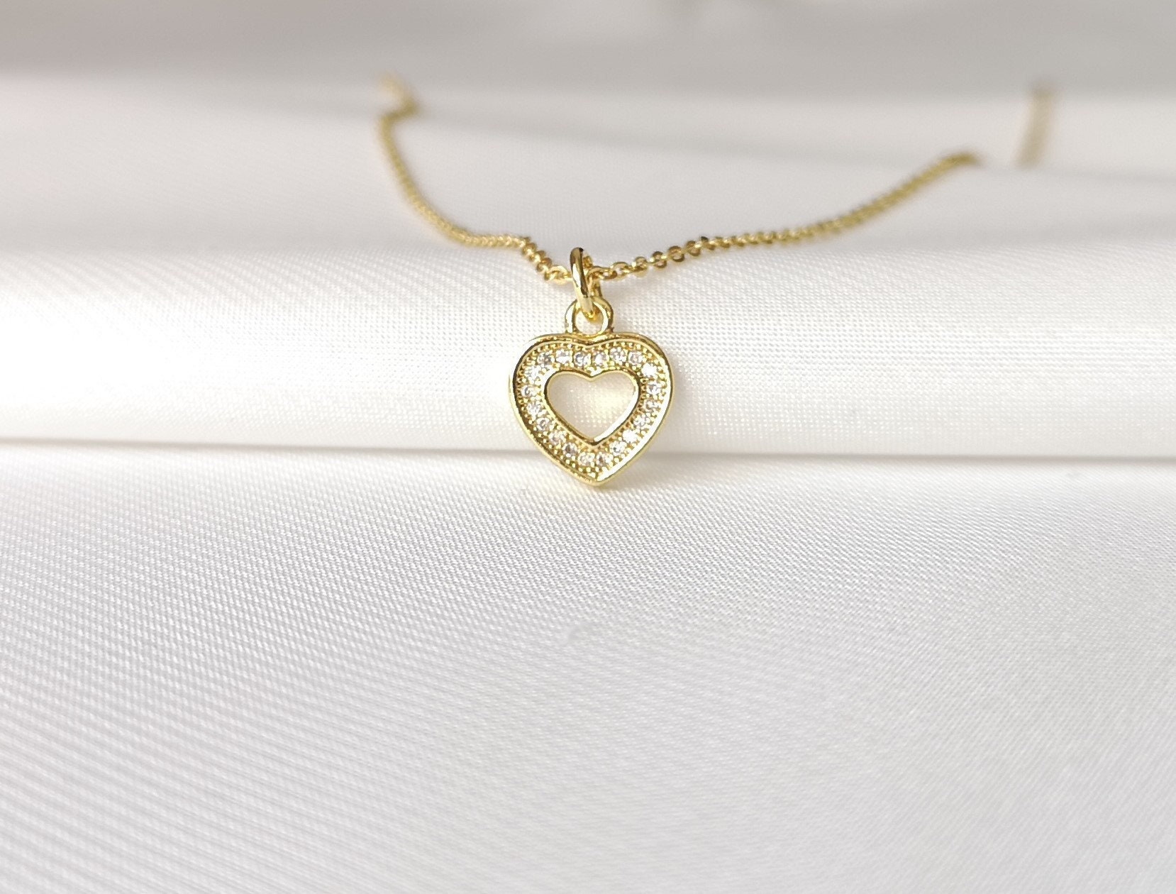 Dainty Gold Heart Pendant, Handmade 18k Gold Cz Heart