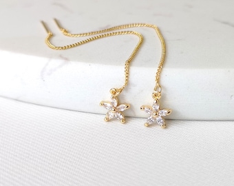 Tiny crystal flower threaders, dainty gold flower earrings, floral minimalist jewelry, long dangly pull through earrings, gift for her