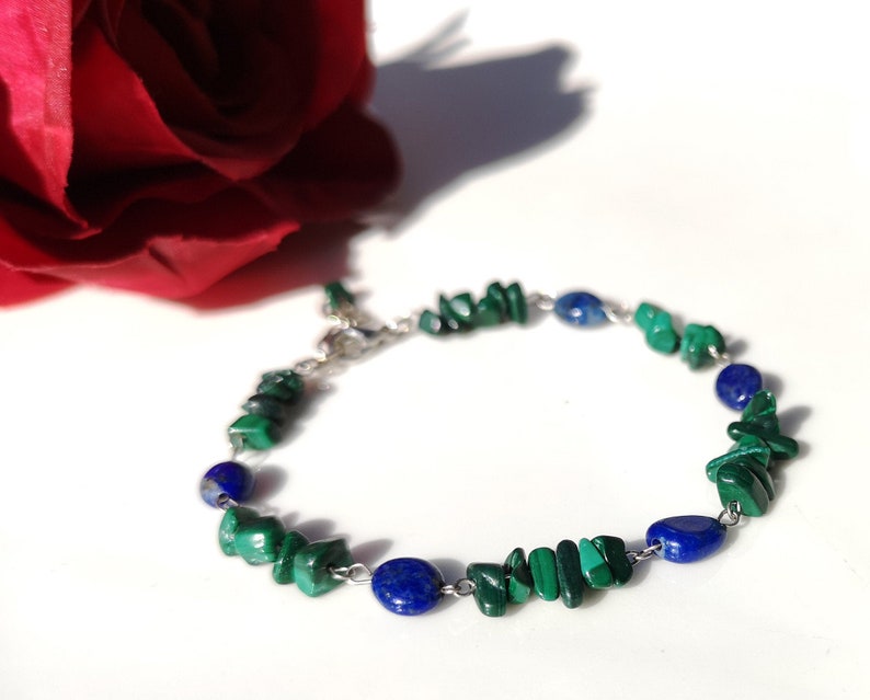 chic gift blue and green gemstone bracelet chips freeform boho beaded bracelet Natural lapis lazuli malachite bracelet stacking bracelet