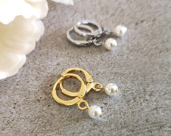 Tiny white pearl huggies, Swarovski crystal pearl earrings, dainty gold or silver hoop sleeper earrings, minimalist jewelry, gift for her