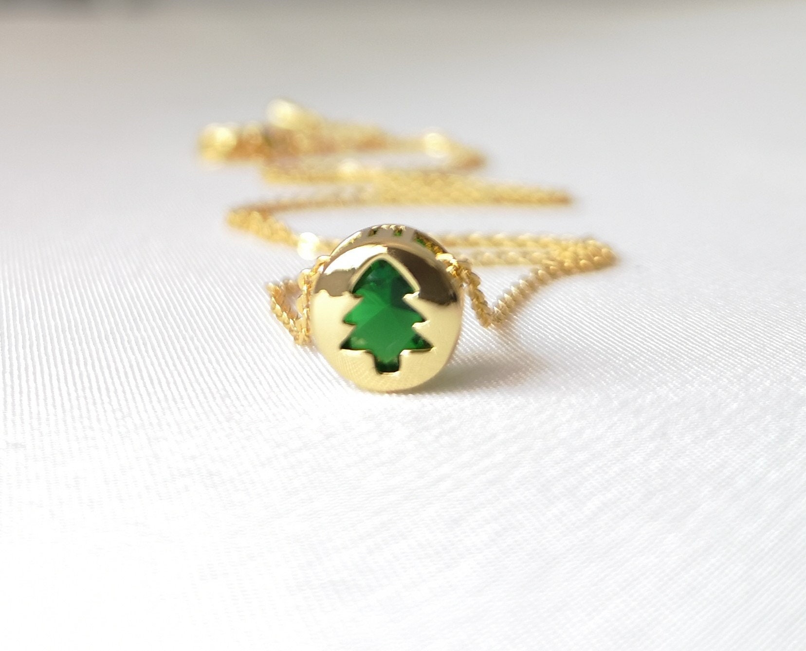 Christmas necklace, green crystal Christmas tree pendant, floating sliding bead, gold layering dainty choker minimalist elegant gift for her