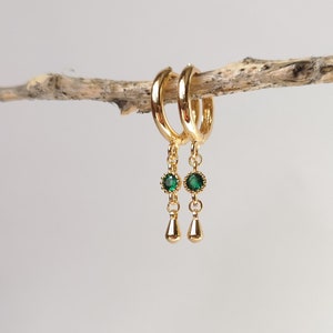 Emerald green crystal earrings, tiny green cz drop huggie hoops, dangly drop dainty gold earrings, minimalist jewelry, elegant gift for her