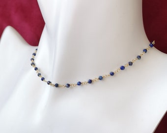 Natural lapis lazuli necklace, December birthstone blue crystal gem choker, gold minimalist layering dainty necklace, elegant gift for her
