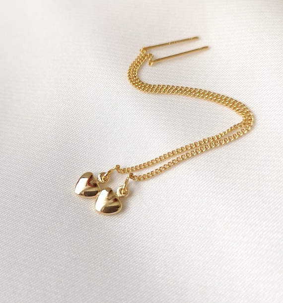 Tiny gold heart threaders, 18k gold plated pull through earrings, minimalist gold jewelry, dainty gold long chain earrings love gift for her