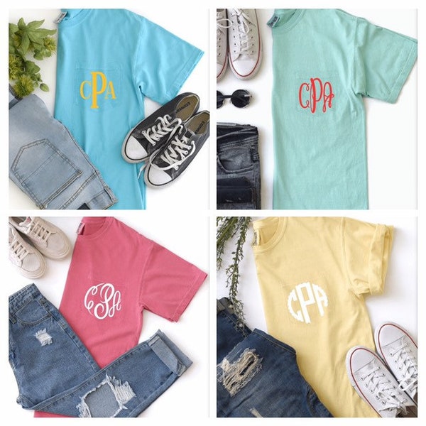 Monogram comfort colors pocket tee, personalized monogram pocket shirt, Fivesies Designs
