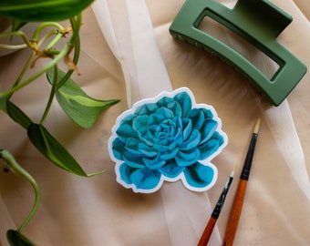 Succulent Sticker, Plant Sticker, Teal, Waterproof, Vinyl, Clear Die Cut Sticker, Laptop Sticker, Notebook Sticker, House Plants