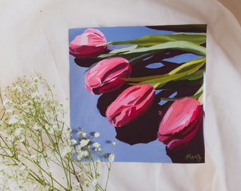 Pink tulips digital painting square art print | Flowers for Valentine's Day