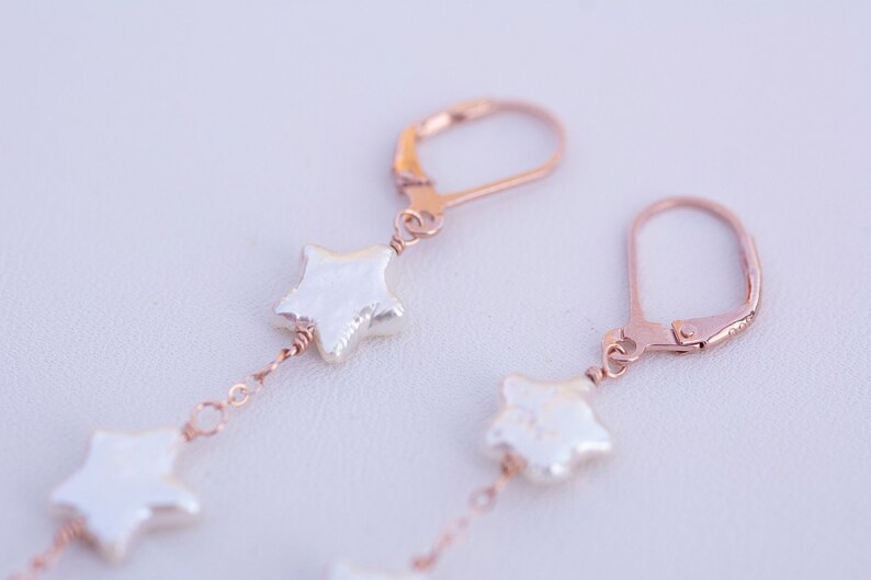 Pearl Rose Gold Dangle Earrings Gift For Her Star Shaped Pearl Earrings