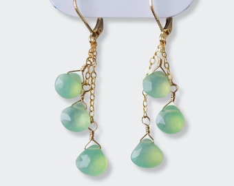 Green Chalcedony Chain Earrings - Gold