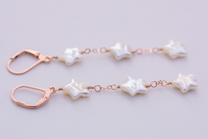 Pearl Rose Gold Dangle Earrings Gift For Her Star Shaped Pearl Earrings