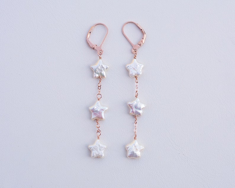 Pearl Rose Gold Dangle Earrings Gift For Her Star Shaped Pearl Earrings