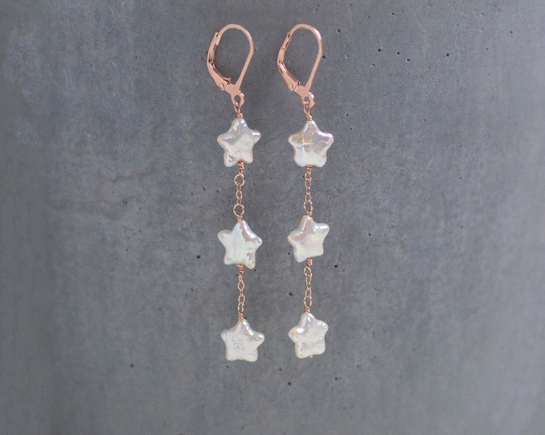 Pearl Rose Gold Dangle Earrings Gift For Her Star Shaped Pearl Earrings